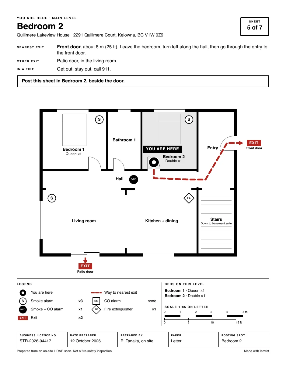 Sample “You are here” sheet for Bedroom 2: the main level’s plan with the bedroom shaded, a dashed route from its door to the front door, the alarms and extinguishers marked, and the way out written above the plan.